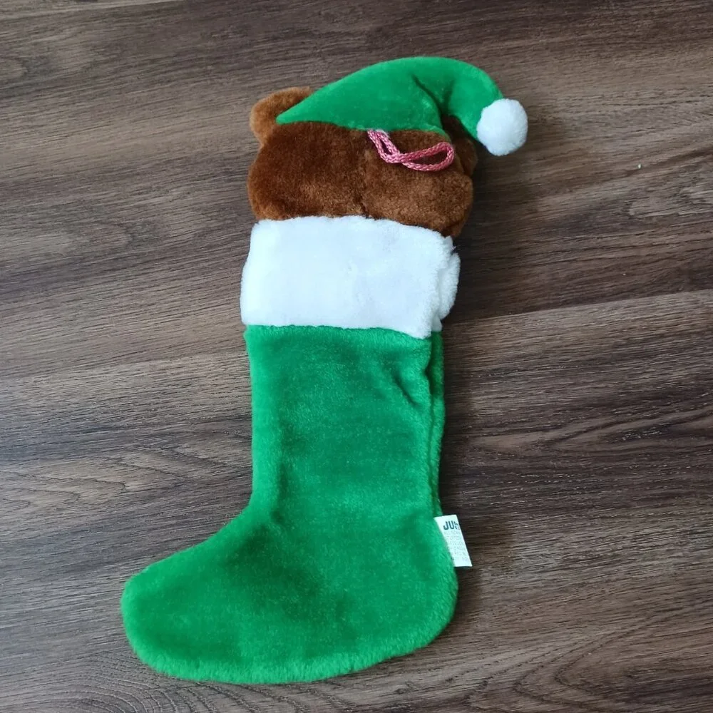 Vintage Teddy‎ Bear Plush 3D Hanging Christmas Stocking Santa Hat Green Justen
